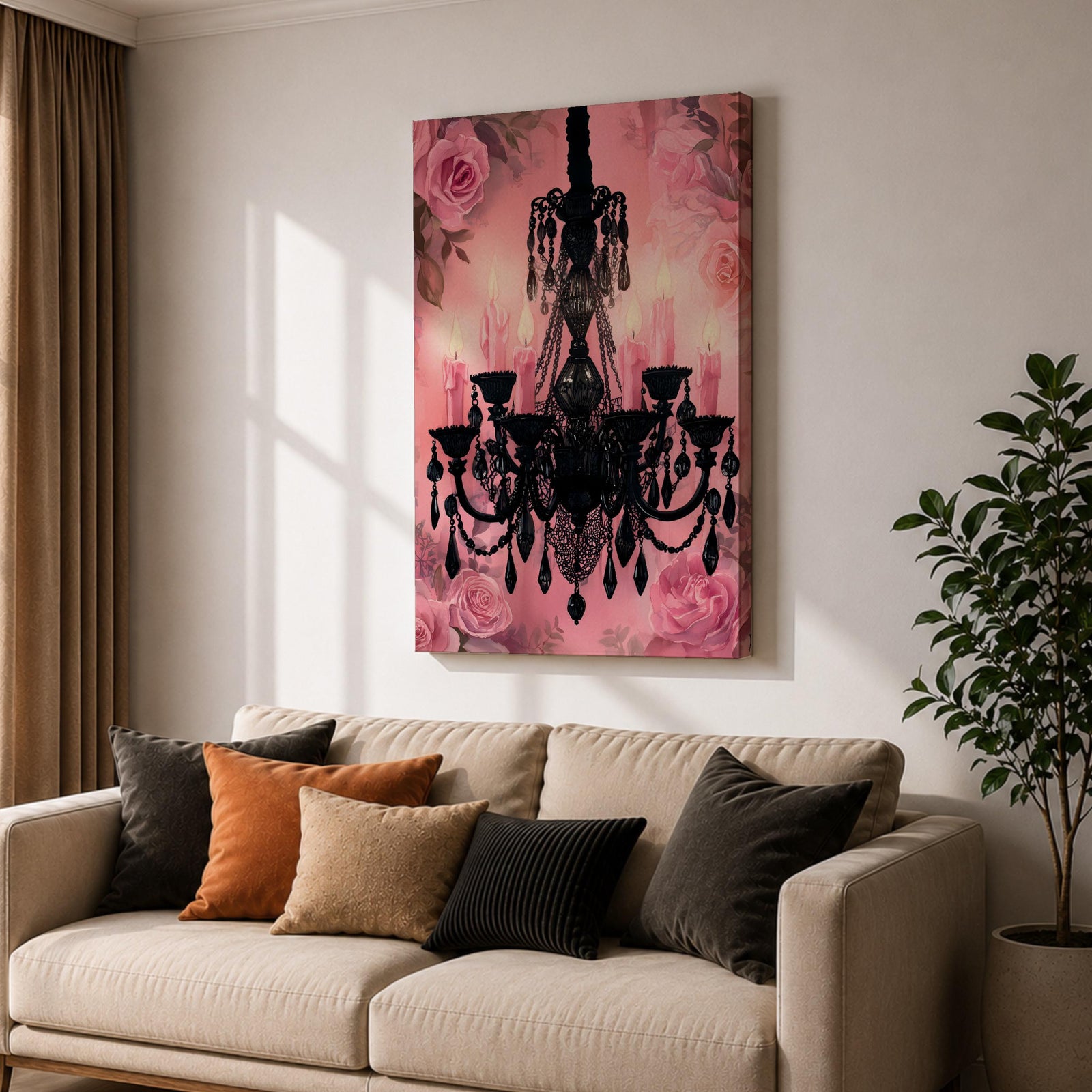 A framed canvas print featuring a detailed black chandelier silhouette with multiple hanging crystals and candle flames, set against a pink floral background with roses, blending ornate lighting design with a soft botanical motif.