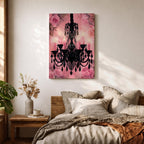 A framed canvas print featuring a detailed black chandelier silhouette with multiple hanging crystals and candle flames, set against a pink floral background with roses, blending ornate lighting design with a soft botanical motif.