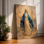 A serene depiction of the Virgin Mary with a radiant halo, dressed in flowing white and blue garments, surrounded by soft golden clouds in a peaceful heavenly scene.