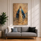 A serene depiction of the Virgin Mary with a radiant halo, dressed in flowing white and blue garments, surrounded by soft golden clouds in a peaceful heavenly scene.