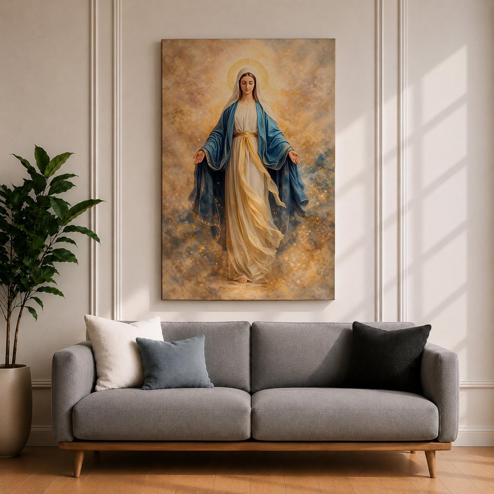 A serene depiction of the Virgin Mary with a radiant halo, dressed in flowing white and blue garments, surrounded by soft golden clouds in a peaceful heavenly scene.