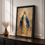 A serene depiction of the Virgin Mary with a radiant halo, dressed in flowing white and blue garments, surrounded by soft golden clouds in a peaceful heavenly scene.