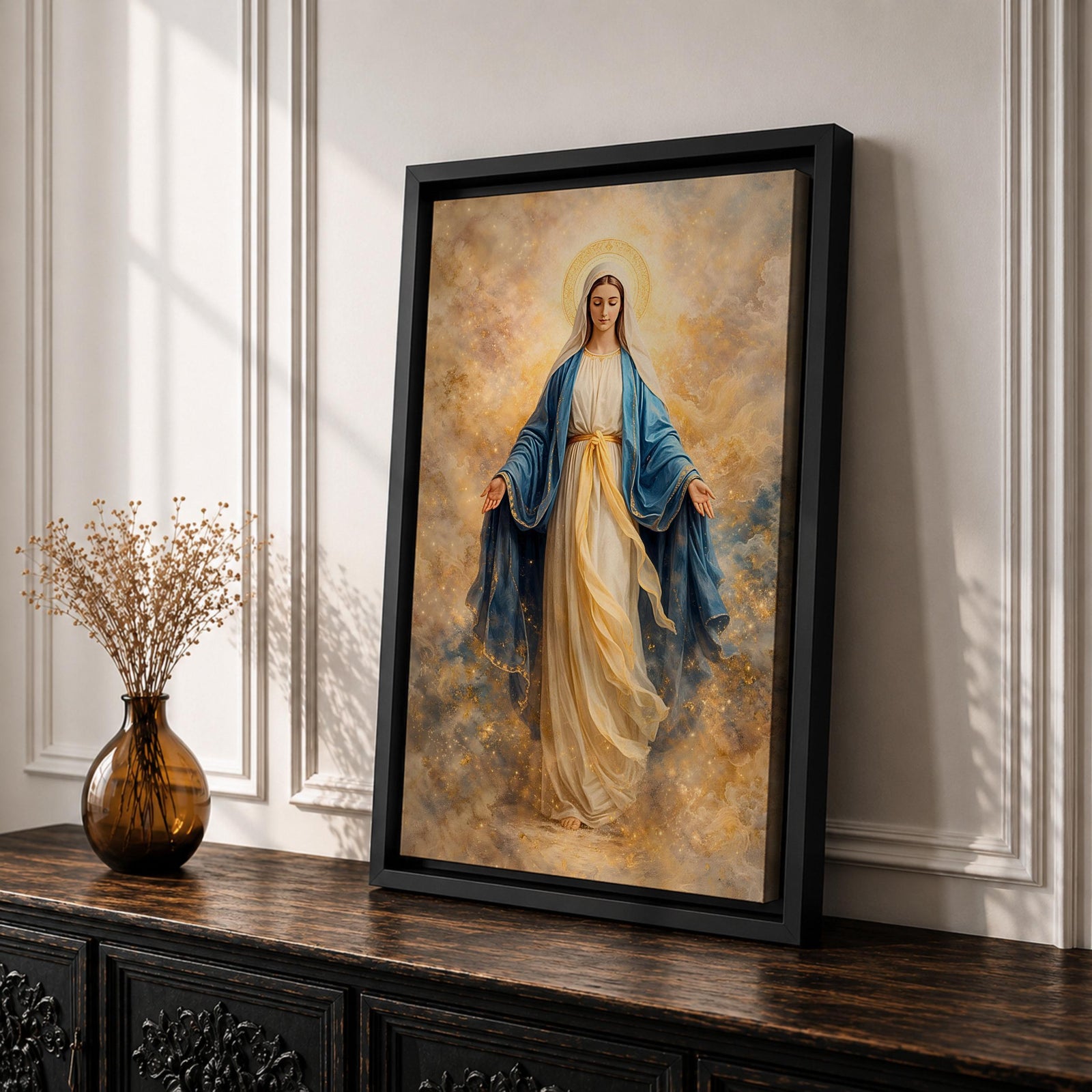 A serene depiction of the Virgin Mary with a radiant halo, dressed in flowing white and blue garments, surrounded by soft golden clouds in a peaceful heavenly scene.