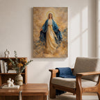 A serene depiction of the Virgin Mary with a radiant halo, dressed in flowing white and blue garments, surrounded by soft golden clouds in a peaceful heavenly scene.
