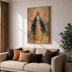 A serene depiction of the Virgin Mary with a radiant halo, dressed in flowing white and blue garments, surrounded by soft golden clouds in a peaceful heavenly scene.