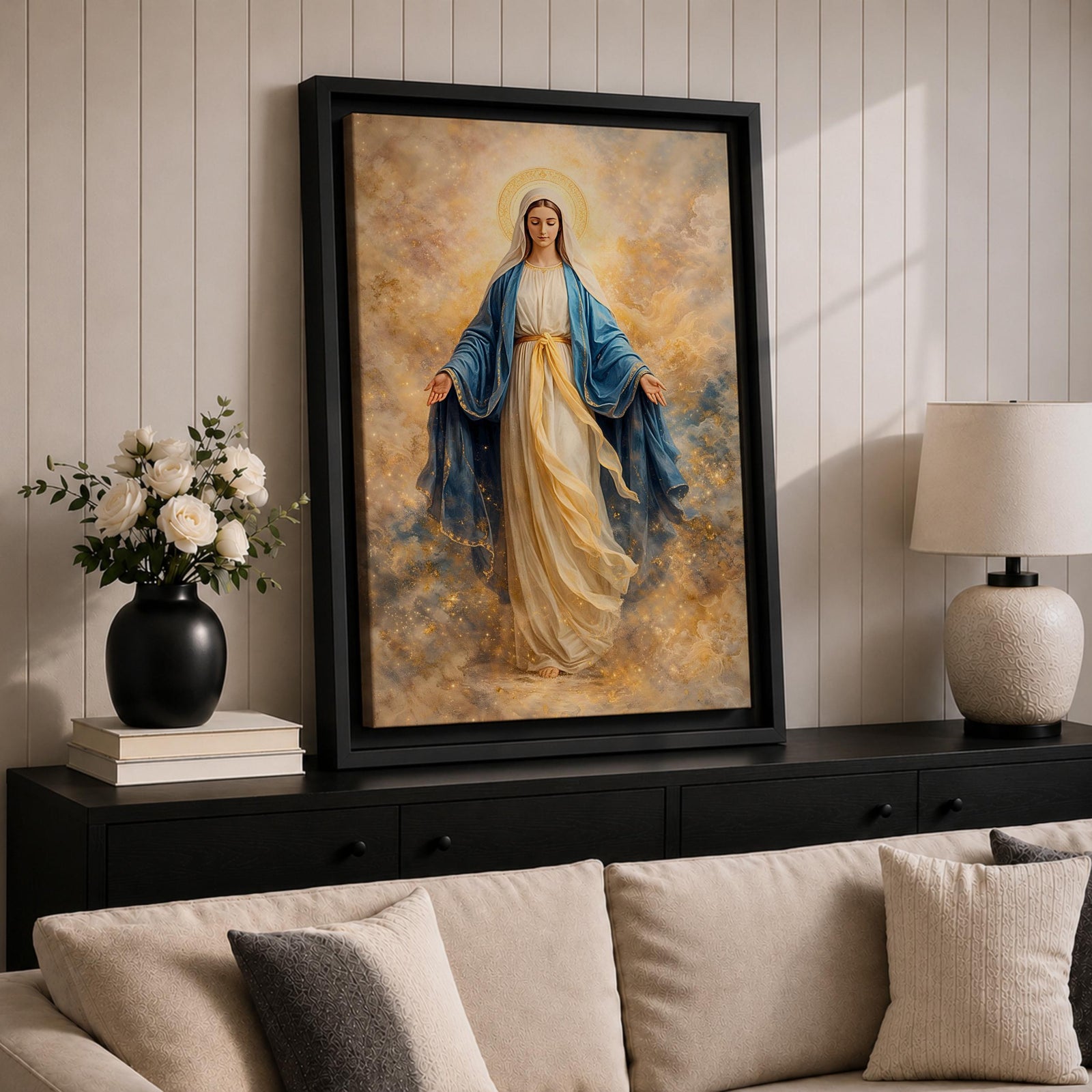 A serene depiction of the Virgin Mary with a radiant halo, dressed in flowing white and blue garments, surrounded by soft golden clouds in a peaceful heavenly scene.