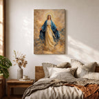 A serene depiction of the Virgin Mary with a radiant halo, dressed in flowing white and blue garments, surrounded by soft golden clouds in a peaceful heavenly scene.