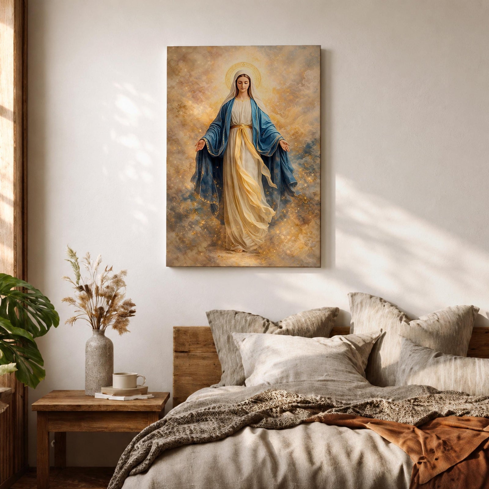 A serene depiction of the Virgin Mary with a radiant halo, dressed in flowing white and blue garments, surrounded by soft golden clouds in a peaceful heavenly scene.
