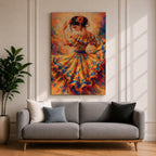A vibrant impressionistic painting of a flamenco dancer mid movement, wearing a flowing ruffled dress adorned with bold floral patterns, her arm raised gracefully and head tilted, with dynamic brushstrokes and warm tones capturing motion, rhythm, and the expressive energy of traditional Spanish dance.