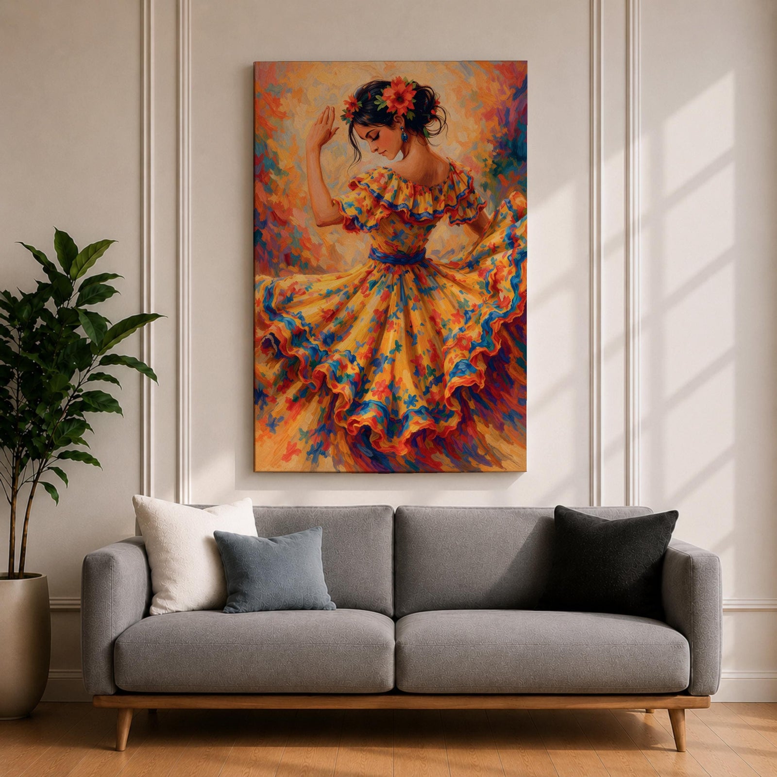 A vibrant impressionistic painting of a flamenco dancer mid movement, wearing a flowing ruffled dress adorned with bold floral patterns, her arm raised gracefully and head tilted, with dynamic brushstrokes and warm tones capturing motion, rhythm, and the expressive energy of traditional Spanish dance.