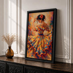A vibrant impressionistic painting of a flamenco dancer mid movement, wearing a flowing ruffled dress adorned with bold floral patterns, her arm raised gracefully and head tilted, with dynamic brushstrokes and warm tones capturing motion, rhythm, and the expressive energy of traditional Spanish dance.