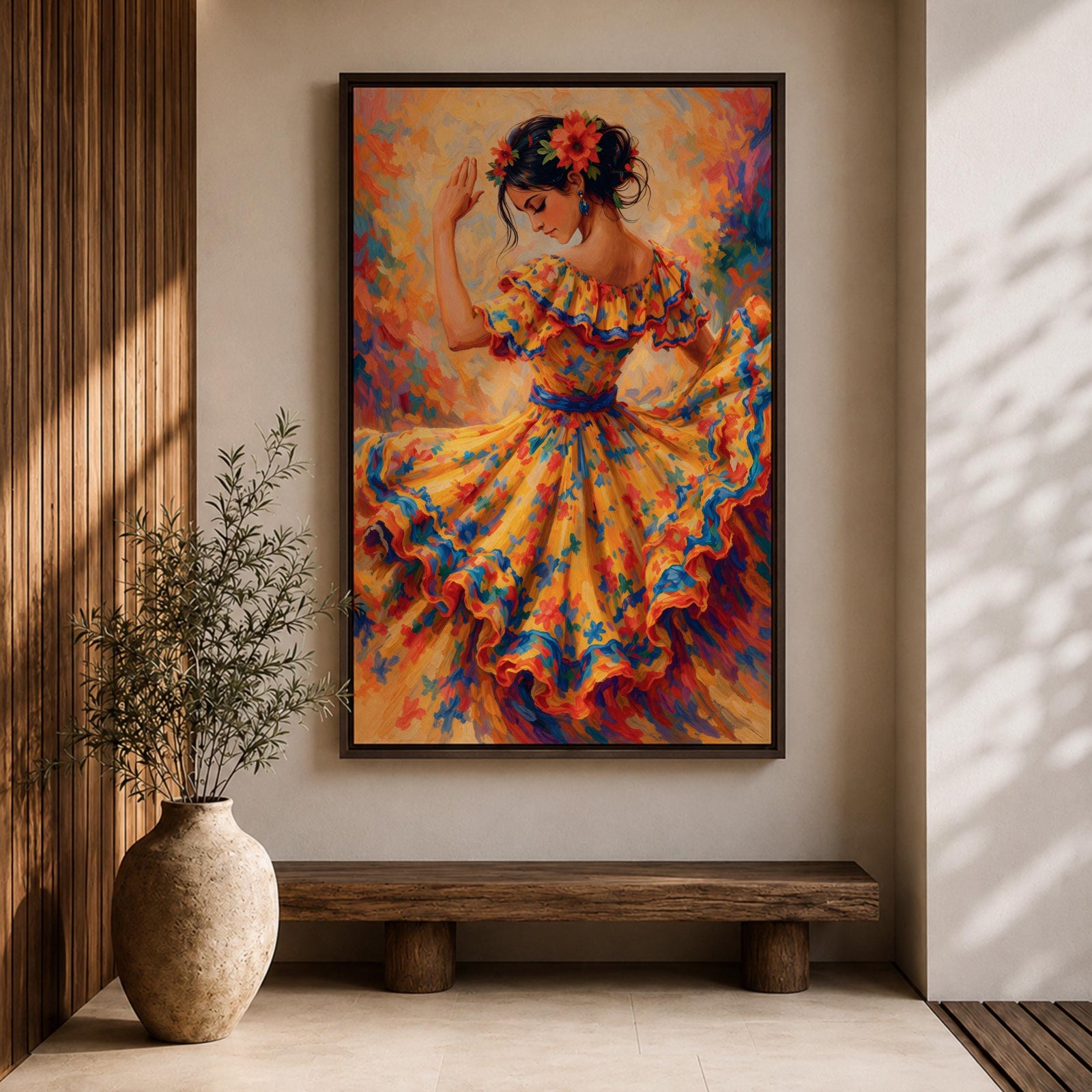 A vibrant impressionistic painting of a flamenco dancer mid movement, wearing a flowing ruffled dress adorned with bold floral patterns, her arm raised gracefully and head tilted, with dynamic brushstrokes and warm tones capturing motion, rhythm, and the expressive energy of traditional Spanish dance.
