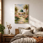 Framed canvas wall art of the Prophet’s Mosque in Medina featuring the iconic green dome, surrounded by palm trees and blooming pink flowers along a sunlit garden path, creating a peaceful and serene Islamic landscape scene for home decor.