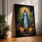 A detailed impasto style painting of Our Lady of Lourdes, depicting a woman in a blue cloak with a glowing halo, surrounded by flowers and lit candles, rendered with thick textured brushstrokes emphasizing light and depth in a religious composition.