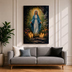 A detailed impasto style painting of Our Lady of Lourdes, depicting a woman in a blue cloak with a glowing halo, surrounded by flowers and lit candles, rendered with thick textured brushstrokes emphasizing light and depth in a religious composition.