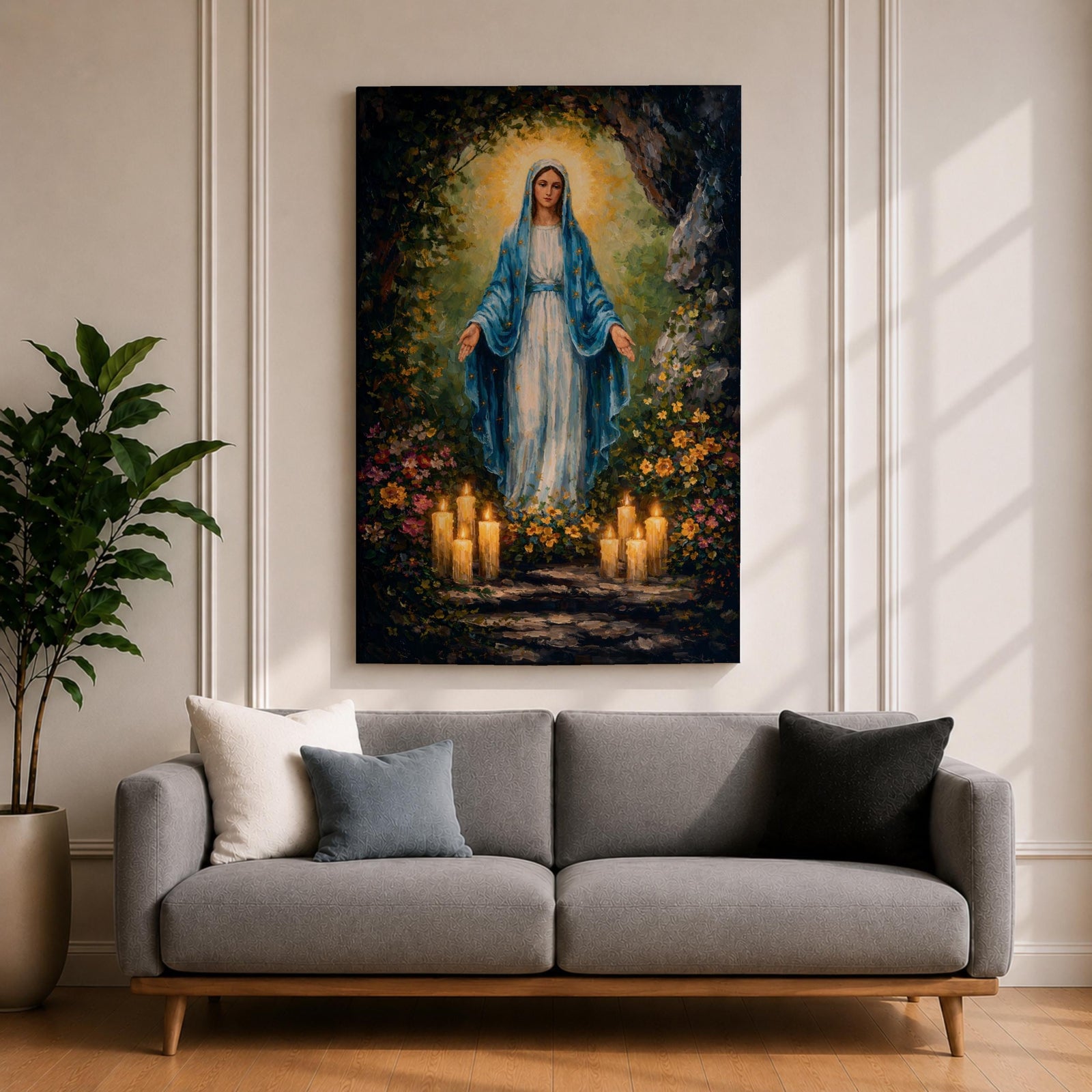 A detailed impasto style painting of Our Lady of Lourdes, depicting a woman in a blue cloak with a glowing halo, surrounded by flowers and lit candles, rendered with thick textured brushstrokes emphasizing light and depth in a religious composition.