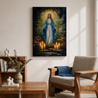 A detailed impasto style painting of Our Lady of Lourdes, depicting a woman in a blue cloak with a glowing halo, surrounded by flowers and lit candles, rendered with thick textured brushstrokes emphasizing light and depth in a religious composition.