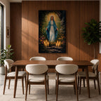 A detailed impasto style painting of Our Lady of Lourdes, depicting a woman in a blue cloak with a glowing halo, surrounded by flowers and lit candles, rendered with thick textured brushstrokes emphasizing light and depth in a religious composition.