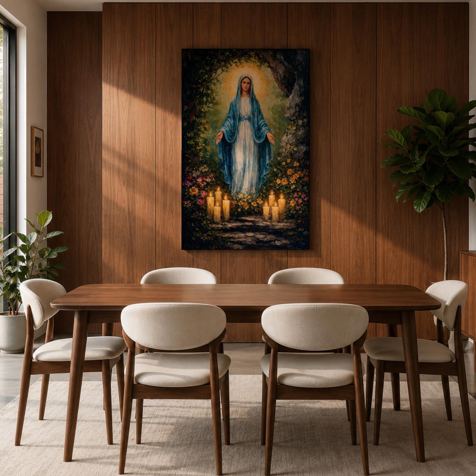 A detailed impasto style painting of Our Lady of Lourdes, depicting a woman in a blue cloak with a glowing halo, surrounded by flowers and lit candles, rendered with thick textured brushstrokes emphasizing light and depth in a religious composition.