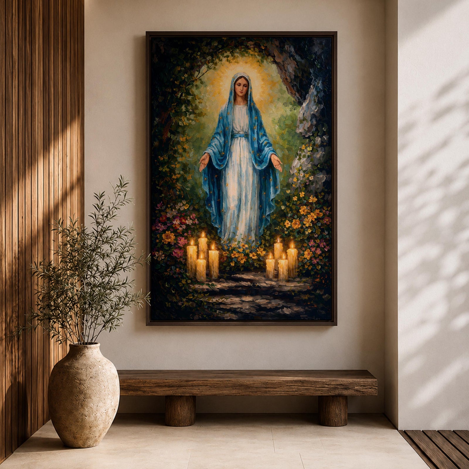 A detailed impasto style painting of Our Lady of Lourdes, depicting a woman in a blue cloak with a glowing halo, surrounded by flowers and lit candles, rendered with thick textured brushstrokes emphasizing light and depth in a religious composition.