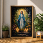 A detailed impasto style painting of Our Lady of Lourdes, depicting a woman in a blue cloak with a glowing halo, surrounded by flowers and lit candles, rendered with thick textured brushstrokes emphasizing light and depth in a religious composition.