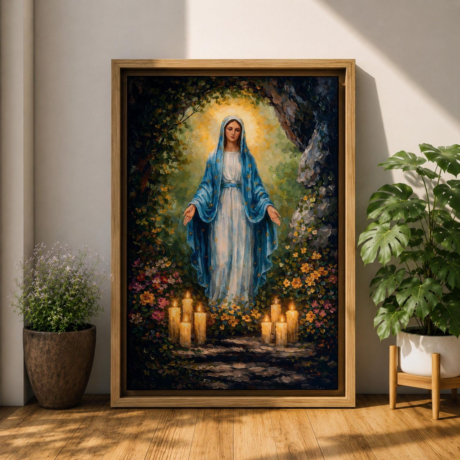 A detailed impasto style painting of Our Lady of Lourdes, depicting a woman in a blue cloak with a glowing halo, surrounded by flowers and lit candles, rendered with thick textured brushstrokes emphasizing light and depth in a religious composition.
