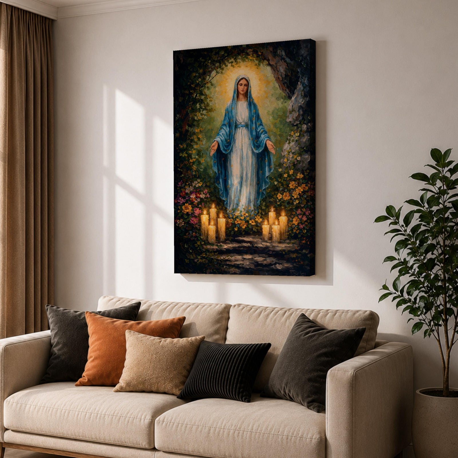 A detailed impasto style painting of Our Lady of Lourdes, depicting a woman in a blue cloak with a glowing halo, surrounded by flowers and lit candles, rendered with thick textured brushstrokes emphasizing light and depth in a religious composition.