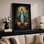 A detailed impasto style painting of Our Lady of Lourdes, depicting a woman in a blue cloak with a glowing halo, surrounded by flowers and lit candles, rendered with thick textured brushstrokes emphasizing light and depth in a religious composition.