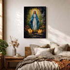 A detailed impasto style painting of Our Lady of Lourdes, depicting a woman in a blue cloak with a glowing halo, surrounded by flowers and lit candles, rendered with thick textured brushstrokes emphasizing light and depth in a religious composition.