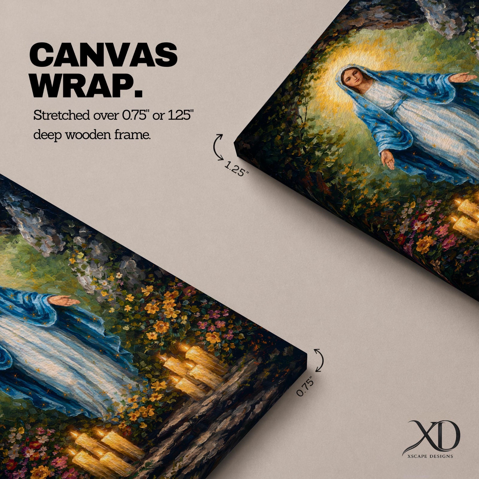 A detailed impasto style painting of Our Lady of Lourdes, depicting a woman in a blue cloak with a glowing halo, surrounded by flowers and lit candles, rendered with thick textured brushstrokes emphasizing light and depth in a religious composition.