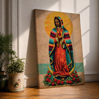 A vintage-style framed canvas depicting Our Lady of Guadalupe standing on a crescent moon surrounded by roses. She wears a traditional colorful mantle with a golden halo behind her head, holding a flaming heart. The artwork blends classic religious iconography with Mexican cultural elements.