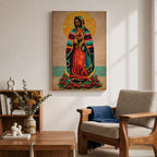 A vintage-style framed canvas depicting Our Lady of Guadalupe standing on a crescent moon surrounded by roses. She wears a traditional colorful mantle with a golden halo behind her head, holding a flaming heart. The artwork blends classic religious iconography with Mexican cultural elements.