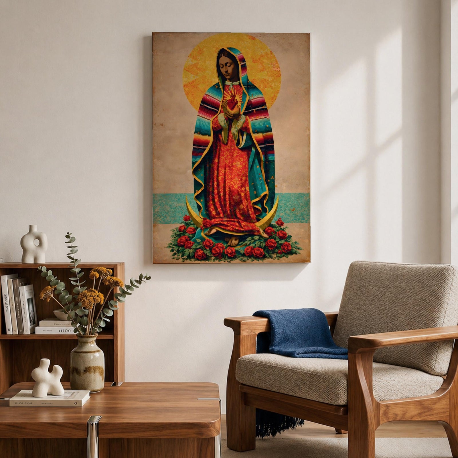 A vintage-style framed canvas depicting Our Lady of Guadalupe standing on a crescent moon surrounded by roses. She wears a traditional colorful mantle with a golden halo behind her head, holding a flaming heart. The artwork blends classic religious iconography with Mexican cultural elements.