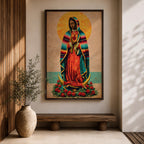A vintage-style framed canvas depicting Our Lady of Guadalupe standing on a crescent moon surrounded by roses. She wears a traditional colorful mantle with a golden halo behind her head, holding a flaming heart. The artwork blends classic religious iconography with Mexican cultural elements.