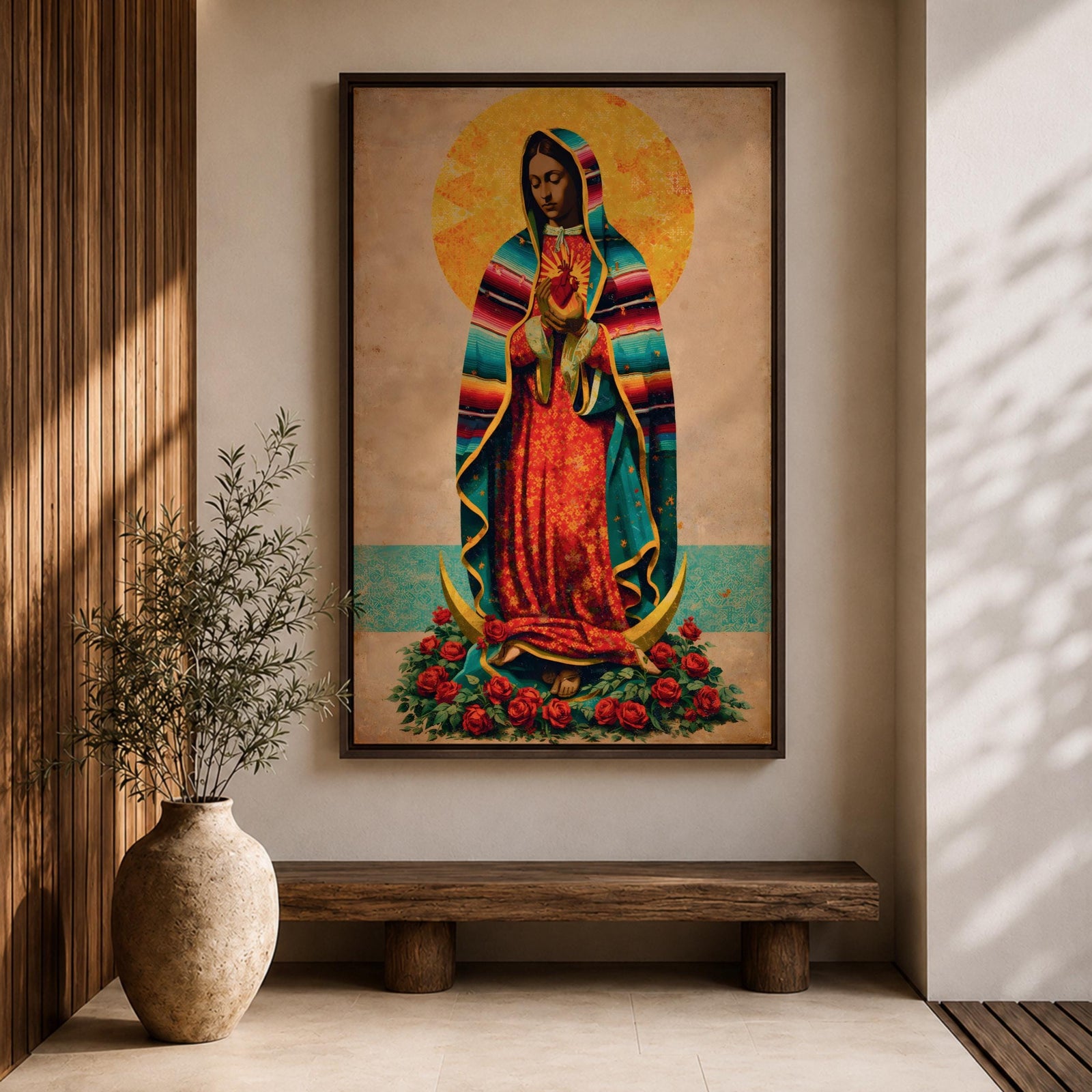 A vintage-style framed canvas depicting Our Lady of Guadalupe standing on a crescent moon surrounded by roses. She wears a traditional colorful mantle with a golden halo behind her head, holding a flaming heart. The artwork blends classic religious iconography with Mexican cultural elements.