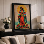 A vintage-style framed canvas depicting Our Lady of Guadalupe standing on a crescent moon surrounded by roses. She wears a traditional colorful mantle with a golden halo behind her head, holding a flaming heart. The artwork blends classic religious iconography with Mexican cultural elements.