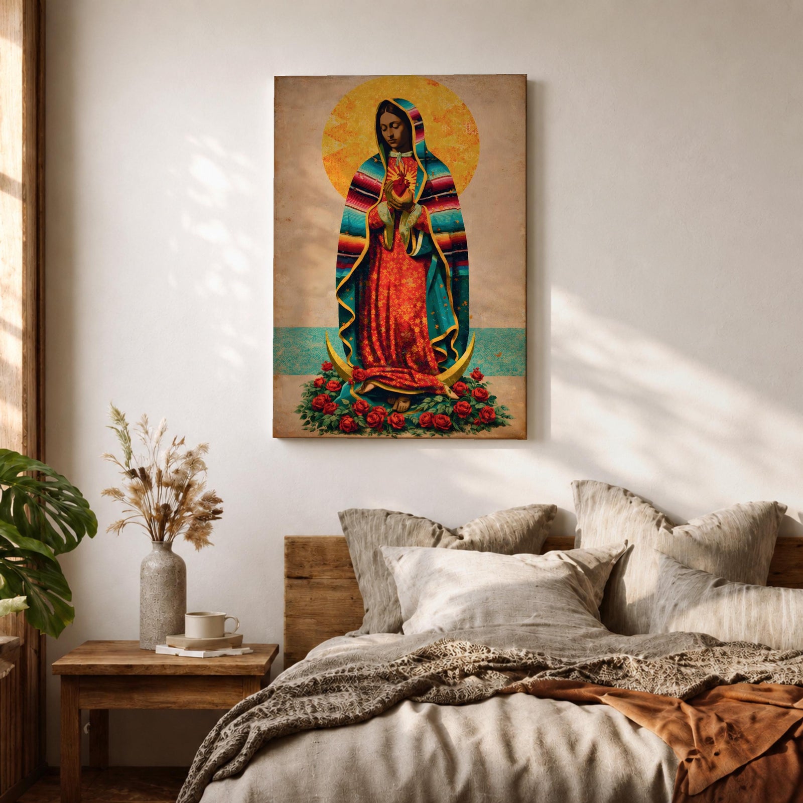A vintage-style framed canvas depicting Our Lady of Guadalupe standing on a crescent moon surrounded by roses. She wears a traditional colorful mantle with a golden halo behind her head, holding a flaming heart. The artwork blends classic religious iconography with Mexican cultural elements.