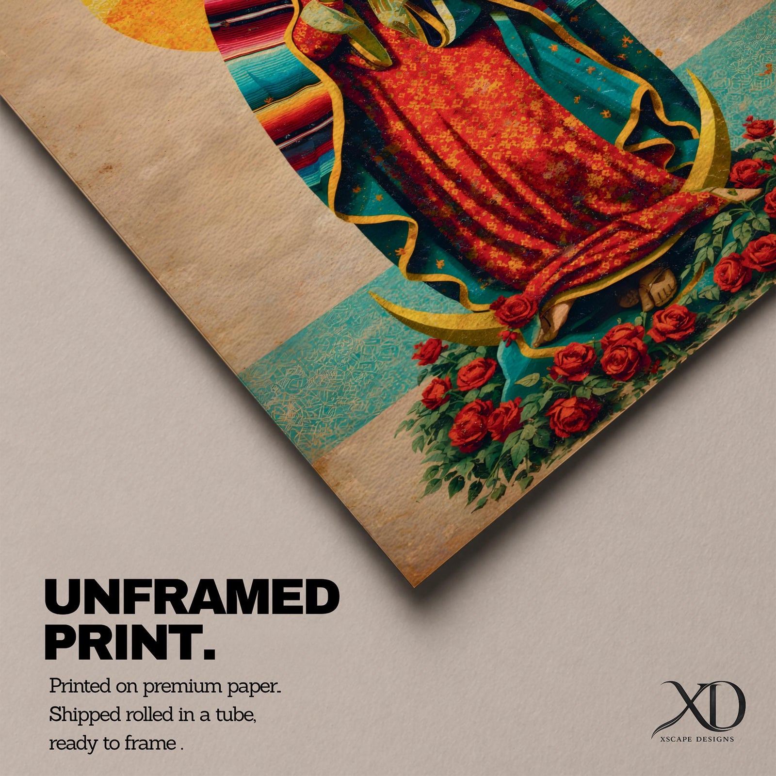 A vintage-style framed canvas depicting Our Lady of Guadalupe standing on a crescent moon surrounded by roses. She wears a traditional colorful mantle with a golden halo behind her head, holding a flaming heart. The artwork blends classic religious iconography with Mexican cultural elements.