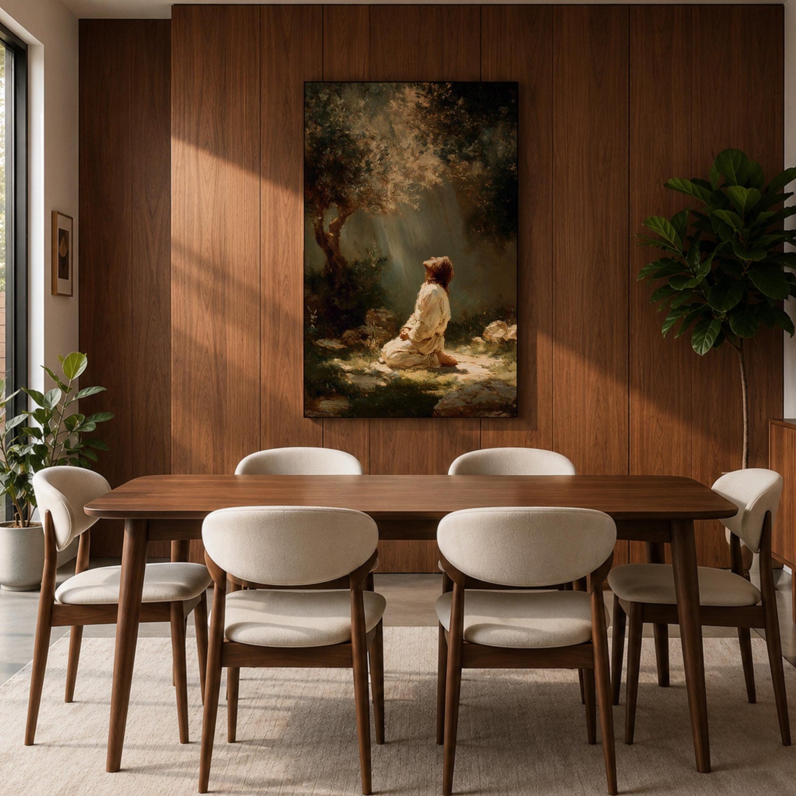 Framed artwork of Jesus praying in the Garden of Gethsemane, kneeling beneath a tree as soft rays of light shine down from above. Set in a modern living room, the canvas rests on a wooden console beside plants and neutral decor.