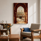 Artwork showing the Kaaba in Mecca viewed through an ornate Islamic archway with intricate carved stone details, overlooking the Masjid al Haram courtyard filled with pilgrims and surrounded by minarets and mosque architecture under warm sunlight.