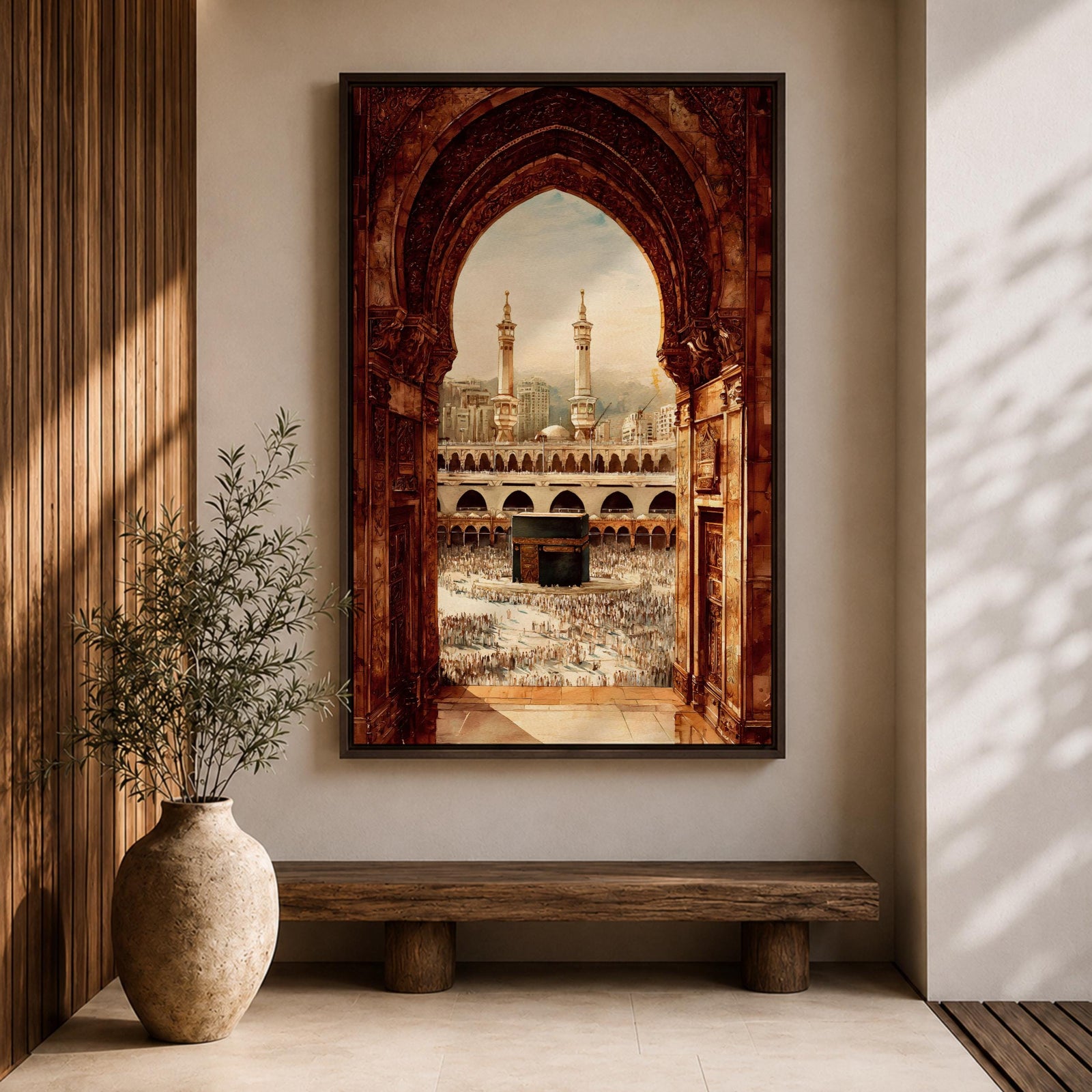 Artwork showing the Kaaba in Mecca viewed through an ornate Islamic archway with intricate carved stone details, overlooking the Masjid al Haram courtyard filled with pilgrims and surrounded by minarets and mosque architecture under warm sunlight.
