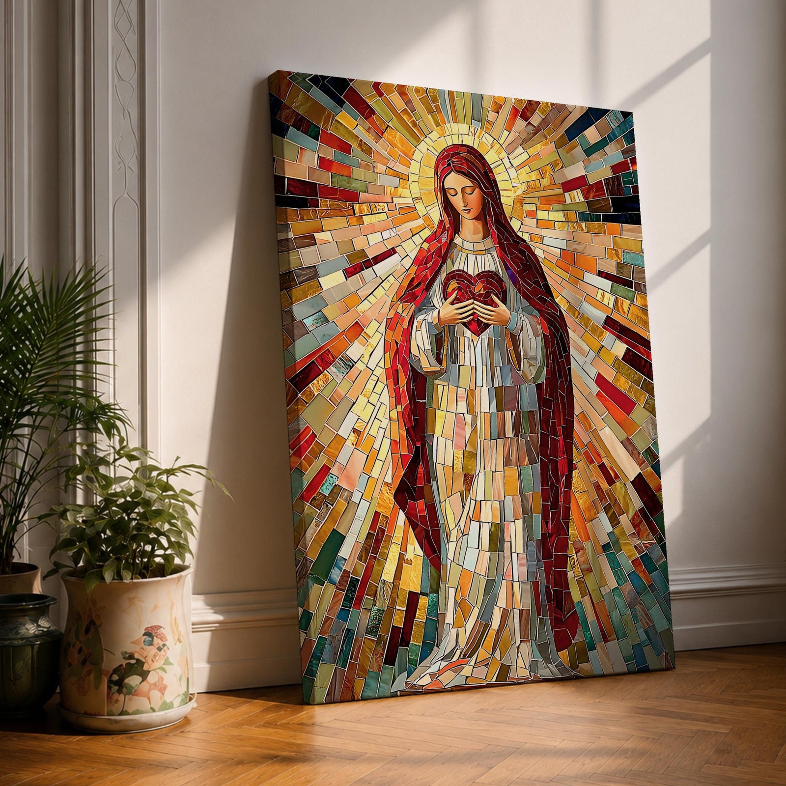 A vibrant mosaic artwork depicting the Sacred Heart of Jesus, showing a figure holding a heart with radiant geometric glass fragments forming a halo and flowing robes. The piece uses colorful mosaic tiles to create a religious icon with intricate detail and a glowing effect.