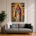 A vibrant mosaic artwork depicting the Sacred Heart of Jesus, showing a figure holding a heart with radiant geometric glass fragments forming a halo and flowing robes. The piece uses colorful mosaic tiles to create a religious icon with intricate detail and a glowing effect.