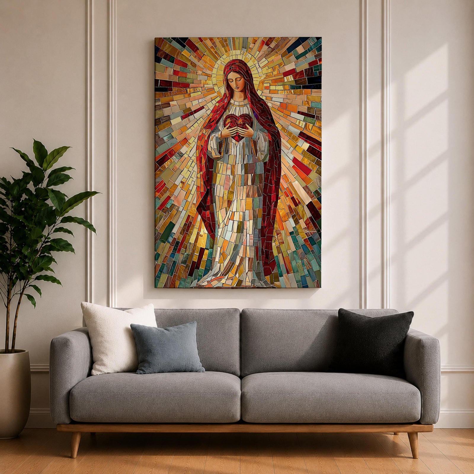 A vibrant mosaic artwork depicting the Sacred Heart of Jesus, showing a figure holding a heart with radiant geometric glass fragments forming a halo and flowing robes. The piece uses colorful mosaic tiles to create a religious icon with intricate detail and a glowing effect.