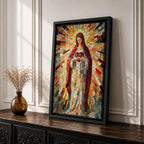 A vibrant mosaic artwork depicting the Sacred Heart of Jesus, showing a figure holding a heart with radiant geometric glass fragments forming a halo and flowing robes. The piece uses colorful mosaic tiles to create a religious icon with intricate detail and a glowing effect.