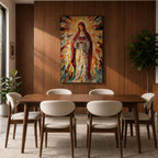 A vibrant mosaic artwork depicting the Sacred Heart of Jesus, showing a figure holding a heart with radiant geometric glass fragments forming a halo and flowing robes. The piece uses colorful mosaic tiles to create a religious icon with intricate detail and a glowing effect.