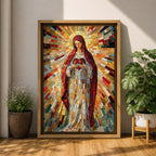 A vibrant mosaic artwork depicting the Sacred Heart of Jesus, showing a figure holding a heart with radiant geometric glass fragments forming a halo and flowing robes. The piece uses colorful mosaic tiles to create a religious icon with intricate detail and a glowing effect.