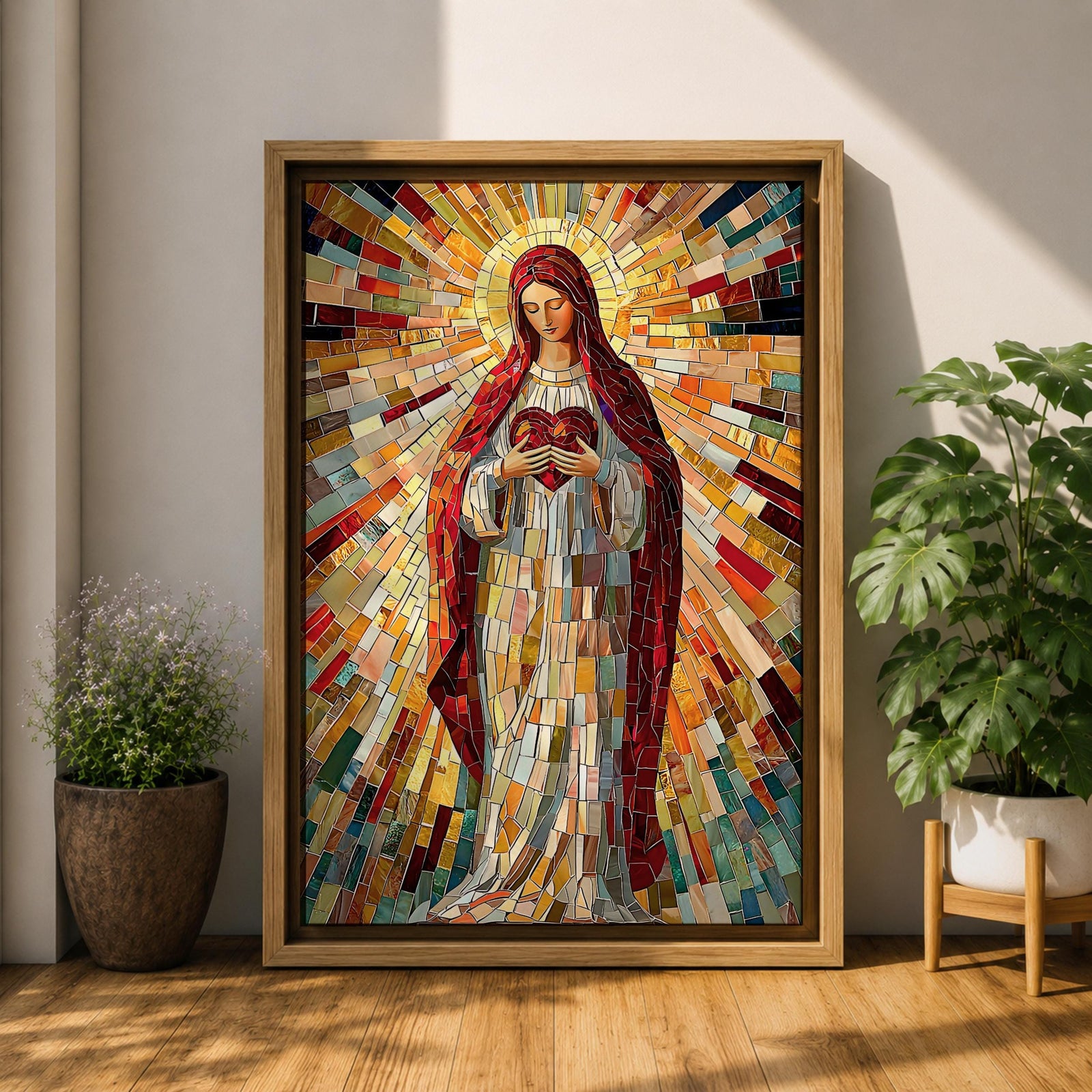 A vibrant mosaic artwork depicting the Sacred Heart of Jesus, showing a figure holding a heart with radiant geometric glass fragments forming a halo and flowing robes. The piece uses colorful mosaic tiles to create a religious icon with intricate detail and a glowing effect.