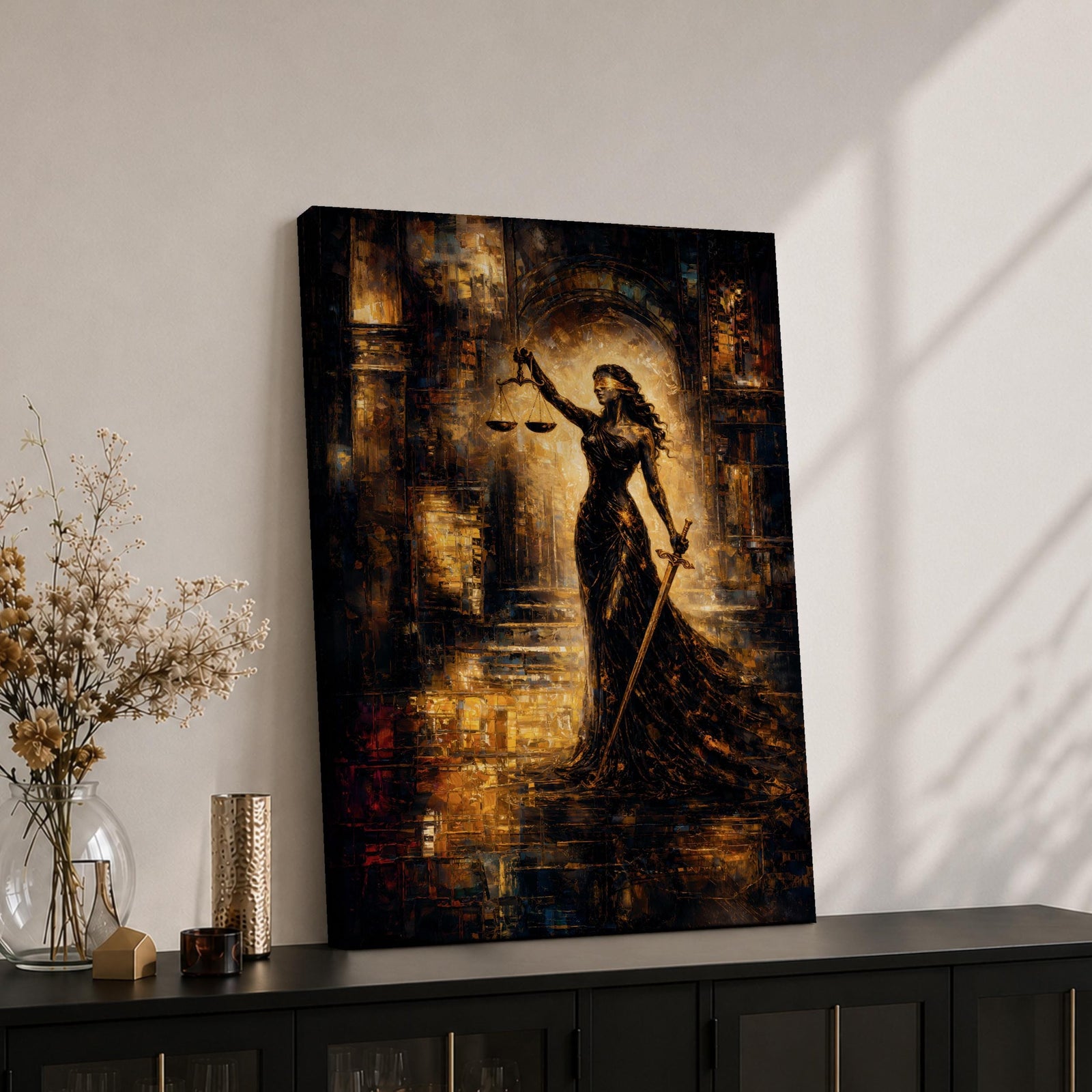 A striking abstract depiction of Lady Justice standing tall with a blindfold, holding balanced scales in one hand and a sword in the other, rendered in textured brushstrokes with warm golden and dark tones, emphasizing her symbolic role as the goddess of justice in a dramatic architectural setting.