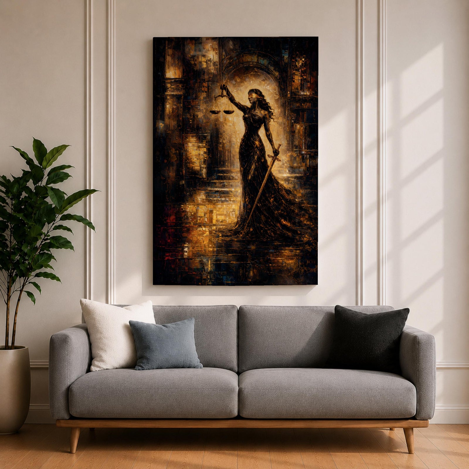 A striking abstract depiction of Lady Justice standing tall with a blindfold, holding balanced scales in one hand and a sword in the other, rendered in textured brushstrokes with warm golden and dark tones, emphasizing her symbolic role as the goddess of justice in a dramatic architectural setting.